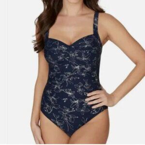 Nip Tuck Swim Women's One-Piece Swimsuit Built-In Bra Navy Blue 8 Silver Floral